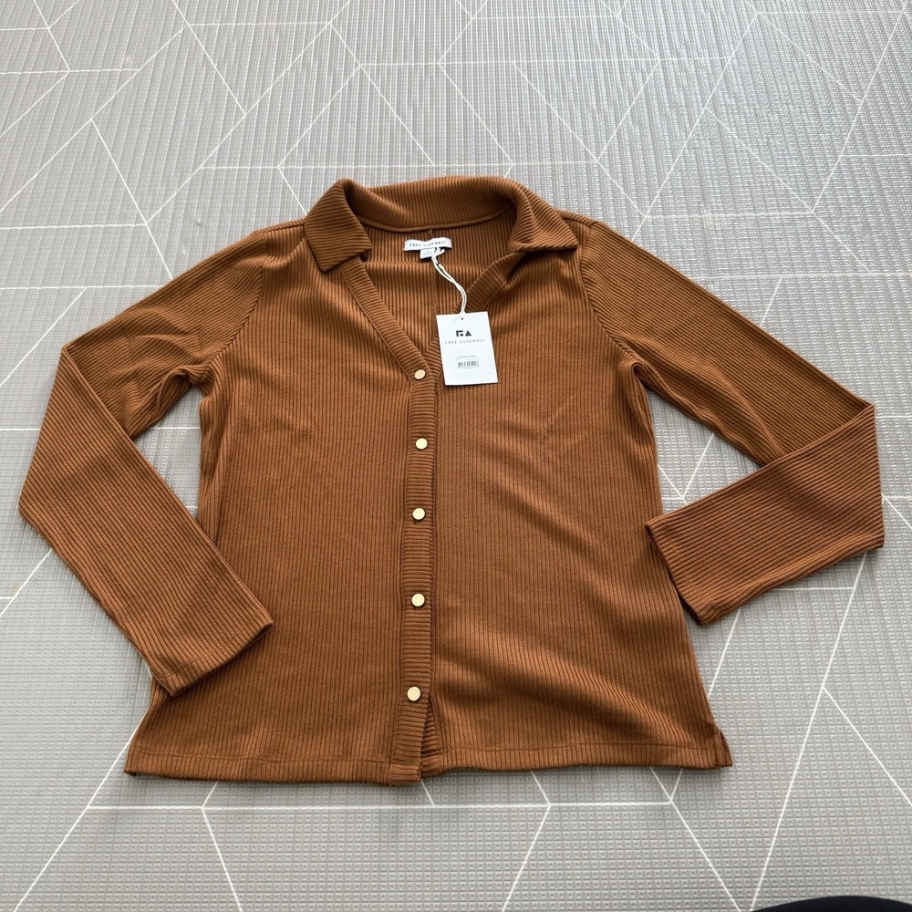 NEW Free Assembly Collared Cardigan L Brown Ribbed‎ Gold Buttons